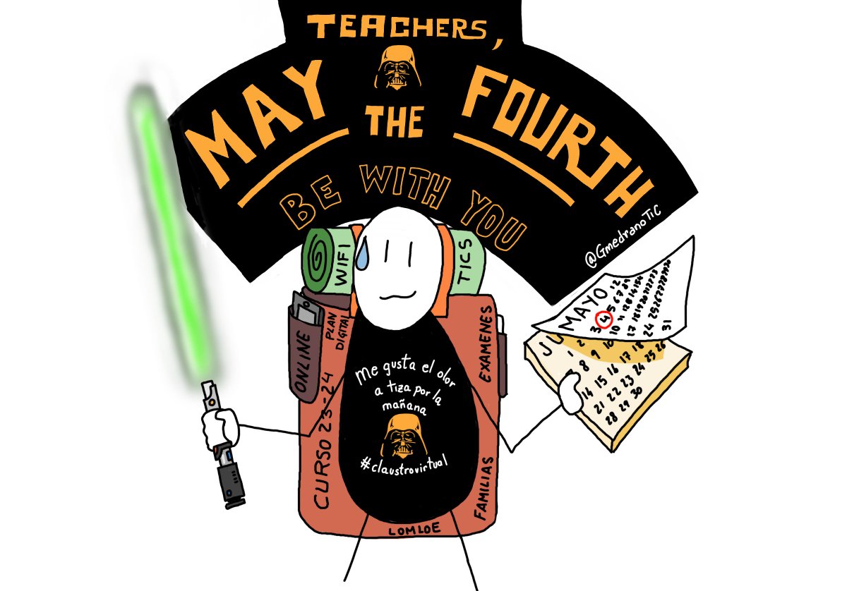 Mi friki-dibujo de hoy es un envío de energía y ánimo a todos los #docentes y #profes ('frikis' o no) para dar ánimo en lo que queda de curso. Ánimo #claustrovirtual en esto últimos meses ¡Qué la fuerza nos acompañe! (al menos hasta junio 😅) #Maythe4thBeWithYou #MayTheFourth
