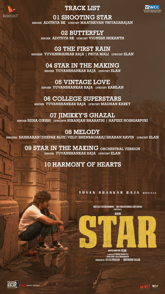 Unveiling the official tracklist of #STAR ⭐ ➡️ tinyurl.com/StarOfficialTr… A @thisisysr magical 🎶 @Kavin_m_0431 @elann_t @aaditiofficial @PreityMukundan @riseeastcre @SVCCofficial #STARFromMay10 #STARMOVIE #STARAlbum