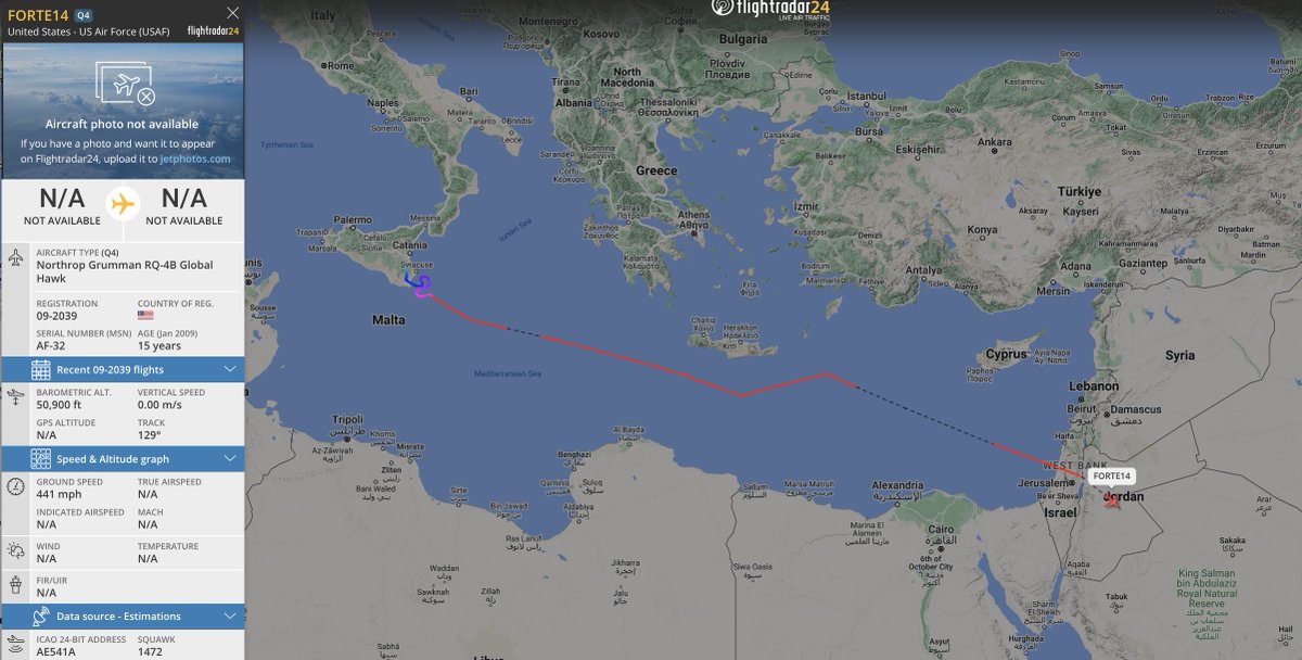 #USAF RQ-4B global hawk seen on the flight radar earlier this morning, drone looking to have made its way over the mediterranean sea before no longer being visible over the west bank / jordan region, departure from sigonella naval base italy. #FORTE14 #AE541A