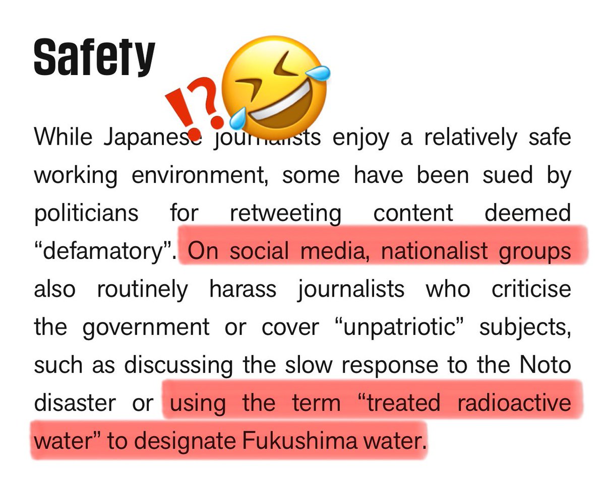 “Fukushima water”なんて言葉を地の文で使うような連中がまともなジャーナリストなワケないだろ？ “放射能汚染水”呼ばわりしたら批判されることが「報道の自由度が低い理由」なら、結構なことじゃねーの。 どんどん“ナショナリスト”として「自由度」下げてやろうぜ。😼 rsf.org/en/country/jap…