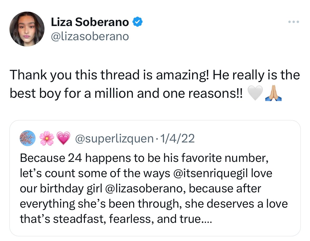 #EnriqueGil
According to #LizaSoberano

If you have doubts about the person and bf Don Inriki is or how consistent he is, you can always check my  Enrique Gil Top Hits.

Or we can base it on Hope’s own words. 

We start with how “Best Boy” came to be. IT CAME FROM HER.

#LizQuen