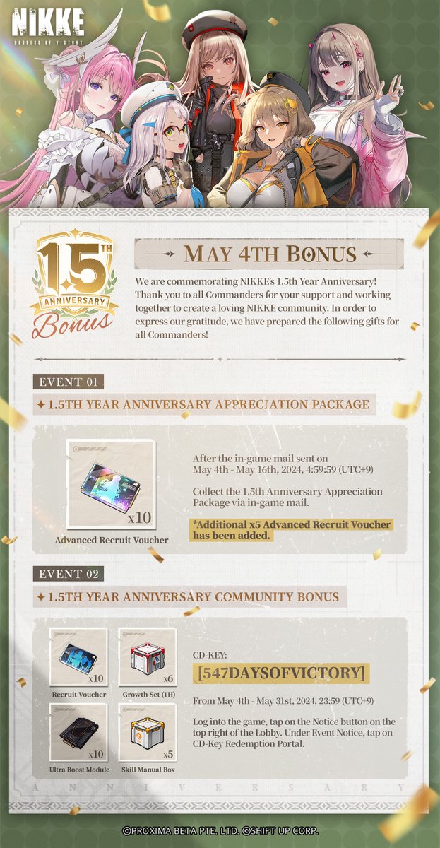 【1.5 Anniversary Rewards】 Commanders, thank you for your support during our 1.5 Anniversary! To show our appreciation, we have prepared some gifts~ 💝 Additional 5x Advanced Recruit Voucher has been added to make a total of 10x for our 1.5 Anniversary Appreciation Package! 🎫…