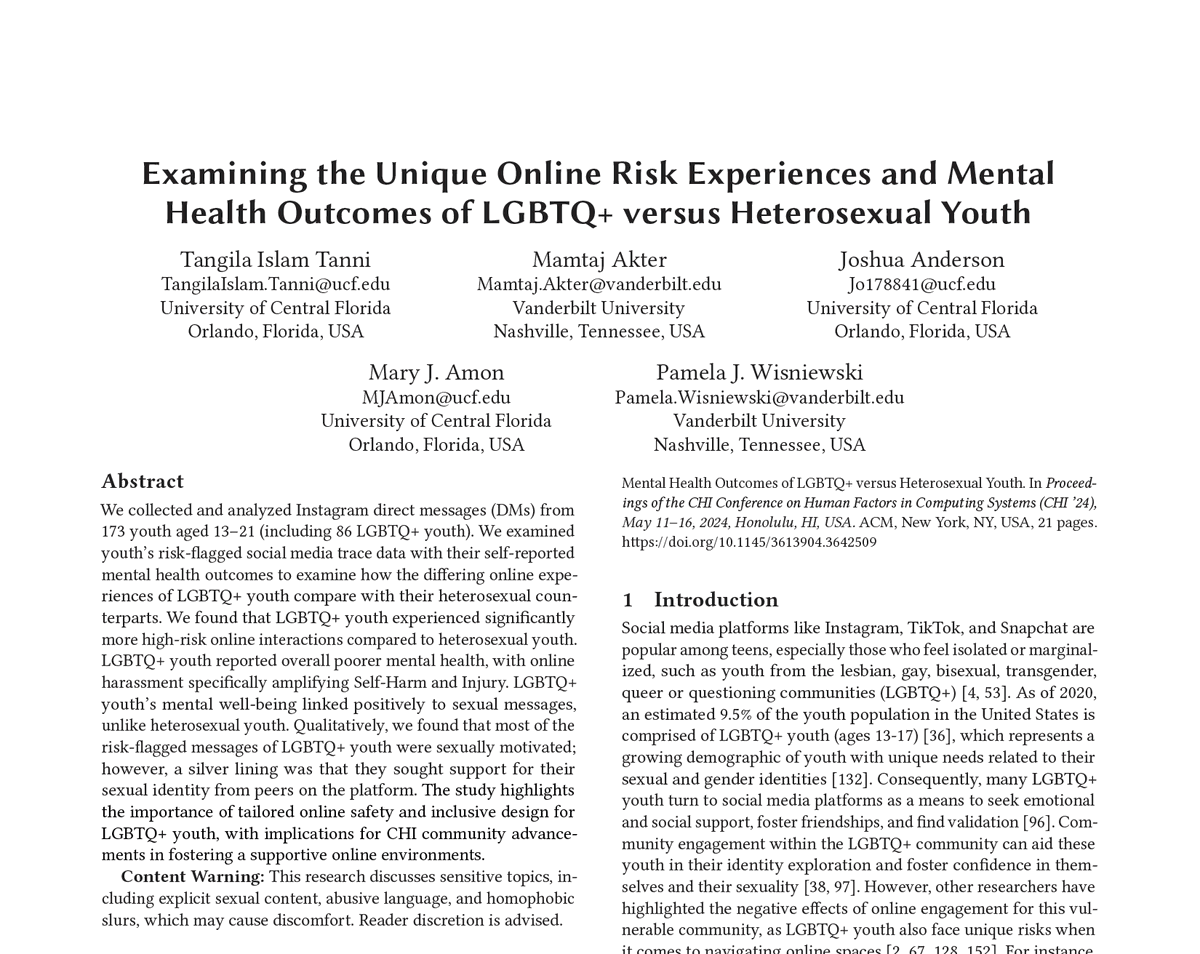 Excited to announce that our #CHI2024 paper on the lived online risk experiences of LGBTQ+ youth got an
***honorable mention***! 

Our paper presentation will be on May 13 at 2:30 pm HST  (1/8). 

doi.org/10.1145/361390… 
arxiv.org/pdf/2402.08974
🌈#LGBTQYouth #OnlineSafety🏳️‍🌈