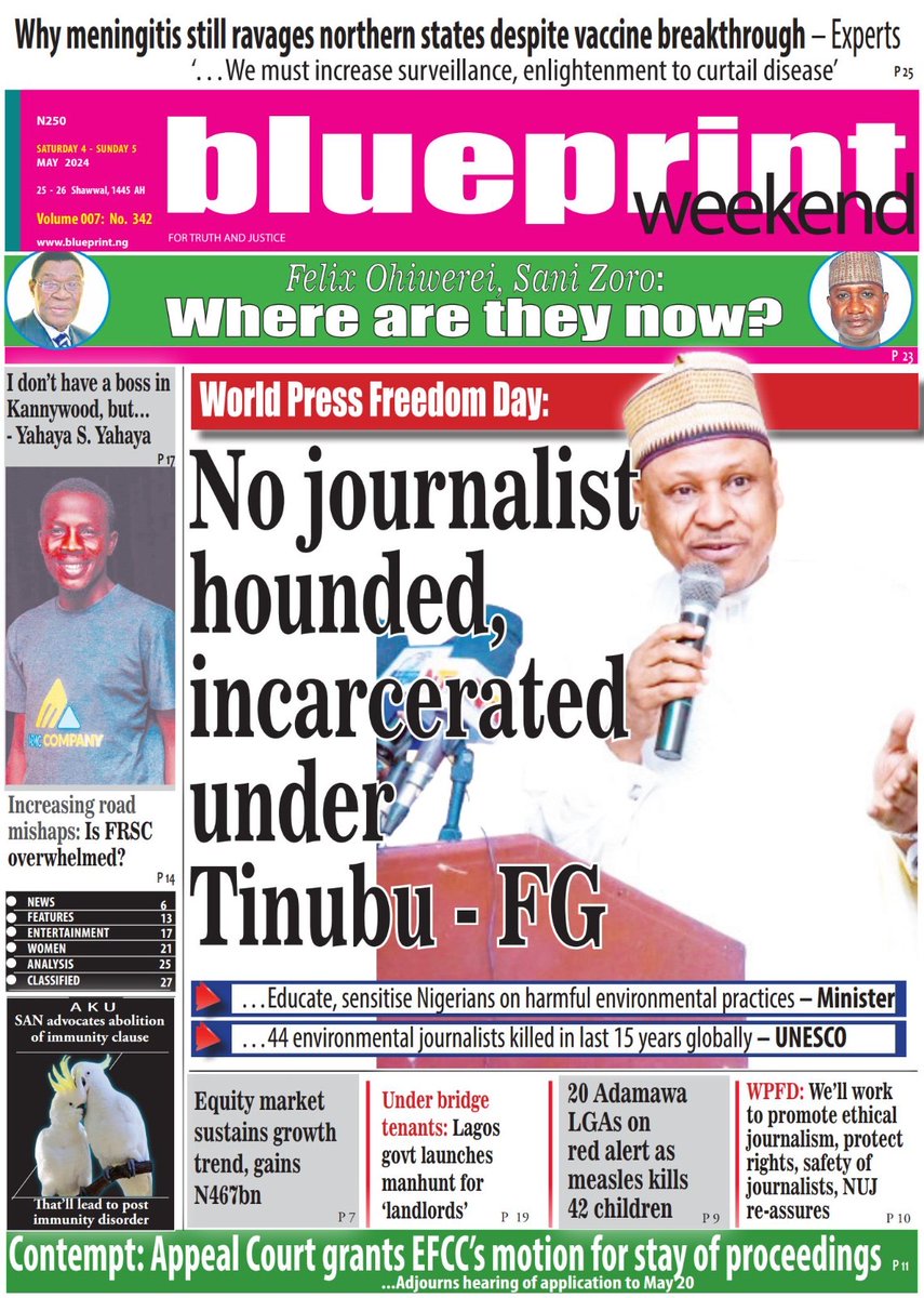 Blueprint_ng's tweet photo. TODAY’S NEWSPAPER FRONT PAGE
Saturday, 4 - Sunday 5 May 2024
#weekend #Weekendnews #WordPress #Wordpressday #NUJ #journalists #FG https://t.co/aqJP5Nir4N