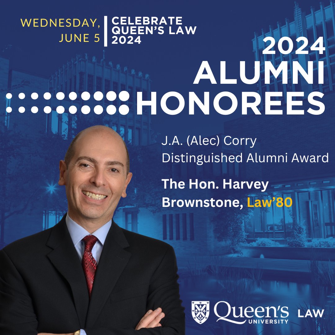 Congrats to Harvey Brownstone, #QueensULaw’80, on winning our Corry Award for excelling in a non-traditional career! The first sitting judge to write a bestseller & host of a top global talk show will receive his award in Toronto on June 5. Register: law.queensu.ca/events/celebra…
