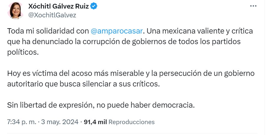 🟦Xóchitl Galvez 🤝🇲🇽 se solidariza con @amparocasar. La candidata la reconoce como una mexicana valiente y crítica que ha denunciado la corrupción de gobiernos de todos los partidos políticos. #Solidaridad #Valentía