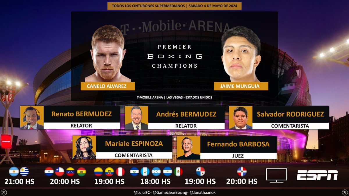 🥊 #Boxeo | Canelo Álvarez 🇲🇽 vs. Jaime Munguía 🇲🇽 📺 #ESPN Sudamérica 💻📲 @StarPlusLA Latinoamérica 🎙️ @RenatoBermudez y @andres_bermudez 🎙️ @ChavaESPN - @mariale_esp - @BarbosaBox 🤳🏻 #CaneloMunguia - #ESPNKnockOut - #MiraloEnStarPlus - #ESPNenStarPlus