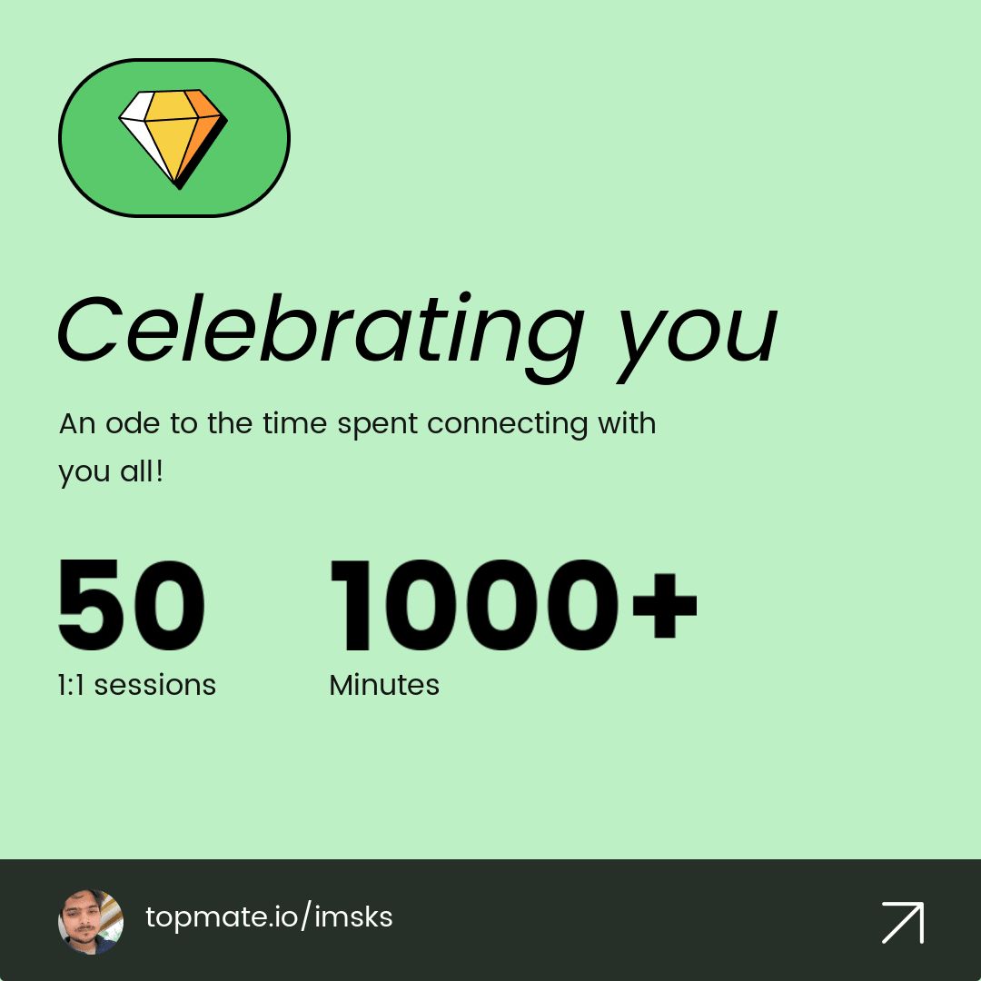 Not very 'Delighted' to share but I've Completed 100 Sessions on Topmate. 900 More to Go.

Just another Sachin, Celebrating 50s and 100s.

#TheBoringEducation #OpenTechEducation