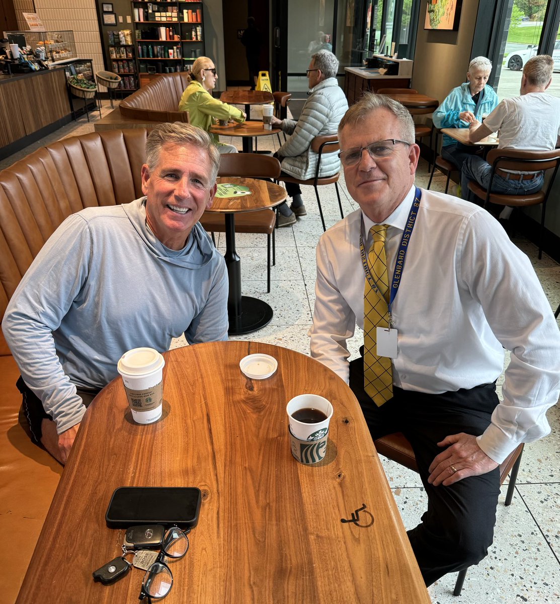 I always enjoy having coffee with board members, including past bd members. Great to connect with long time serving D87 Bd President Rich Hiem. He facilitated great governance, a strong strategic plan and oversaw the hiring of me in 2012!