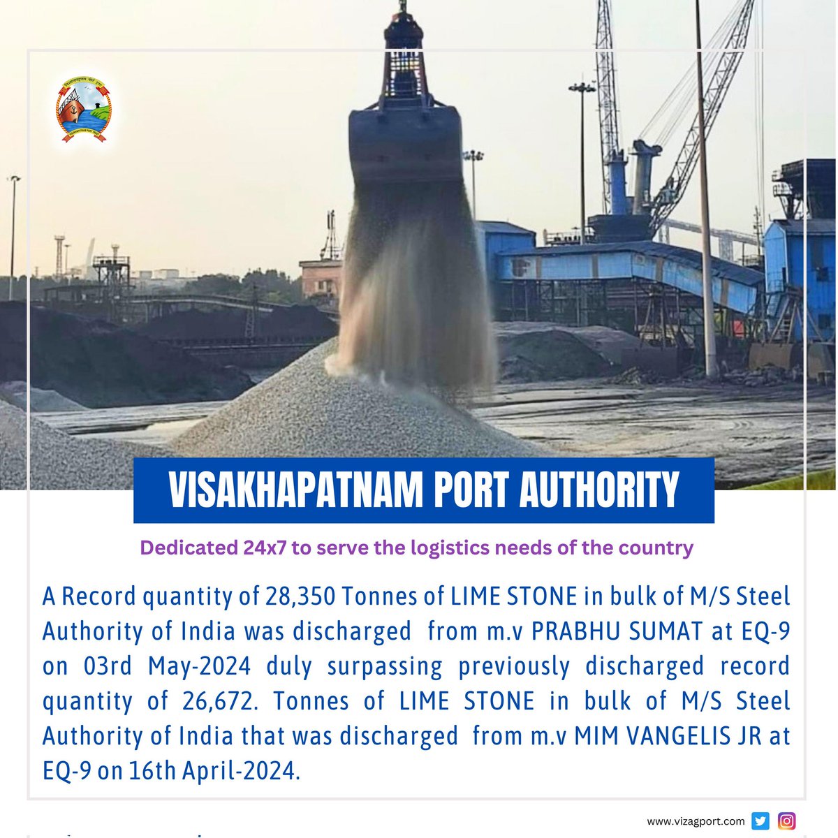 A #Record quantity of 28,350 Tonnes of #LimeStone in bulk of @SAILsteel was discharged  from m.v PRABHU SUMAT at EQ-9 on 03.05.2024 duly surpassing previously discharged record quantity of 26,672 Tonnes of Lime Stone in bulk of M/S Steel Authority of India that was discharged