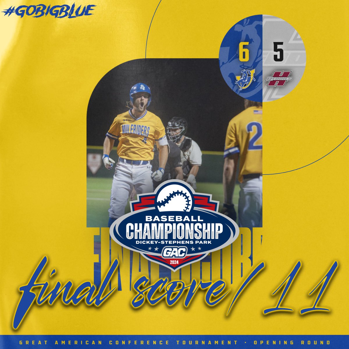 💪⚾️ Needed a couple more frames, but got the first☝️

Richardson’s 11th inning blast the difference in the Muleriders’ 6-5 #theGAC tournament-opening win over Henderson State‼️ The 2 clubs decide on North Little Rock in a 1 PM DH on Saturday😤

#GoMuleriders #LetsRide #GoBigBlue