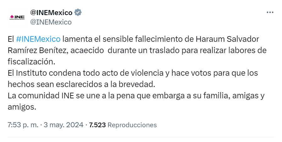 🟪⬛️Se reporta el trágico fallecimiento de Haraum Salvador Ramírez Benítez, funcionario del #INE, luego de un intento de asalto en Axapusco, #EdoMéx. Las autoridades investigan el suceso y se espera el esclarecimiento de los hechos. #Violencia #Justicia