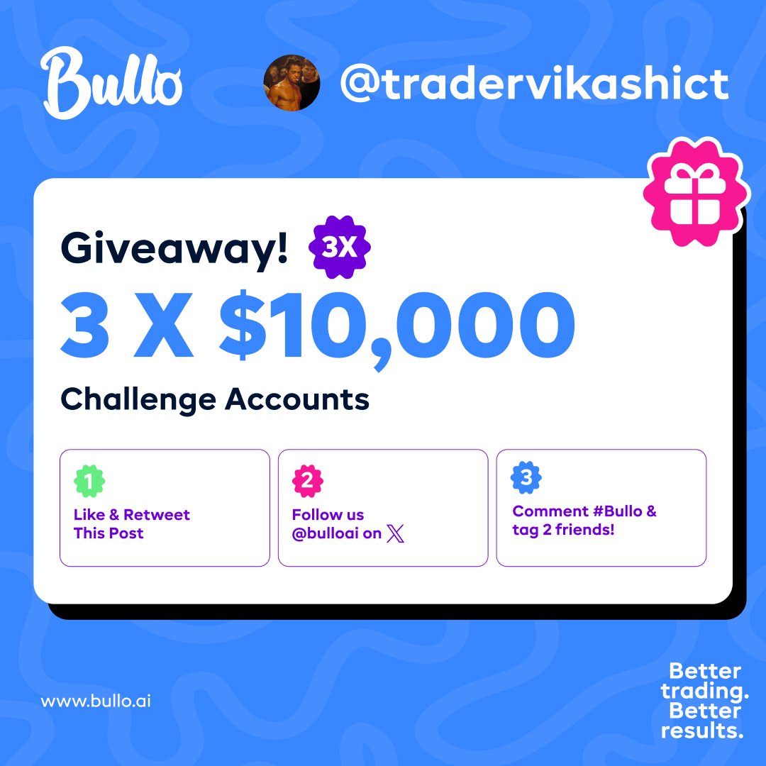 MASSIVE GIVEAWAY 🎉 3 x $10k @bulloai Challenges To join : 1⃣Follow @bulloai @MattJamesAE @callumbullo @BirenFx 2️⃣ Comment #Bullo and Tag 2 friend 3️⃣ 1 account for active Followers