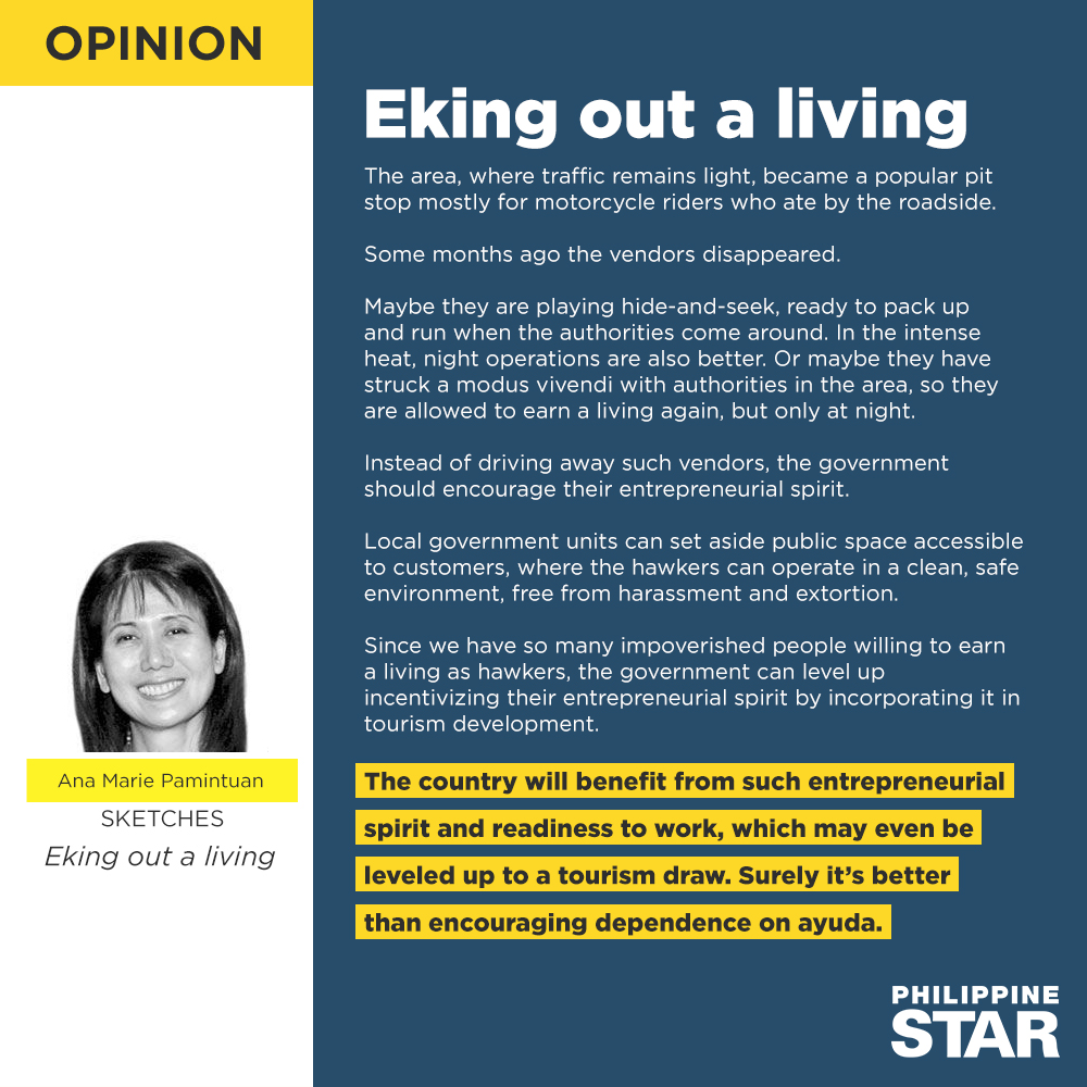 OPINION: Not too long ago, the C-5 extension near our office was lined in both directions with ambulant vendors selling various types of food, from beef pares to goto, kwek-kwek and farm products including fresh bamboo shoots. tinyurl.com/2nhmbyc5