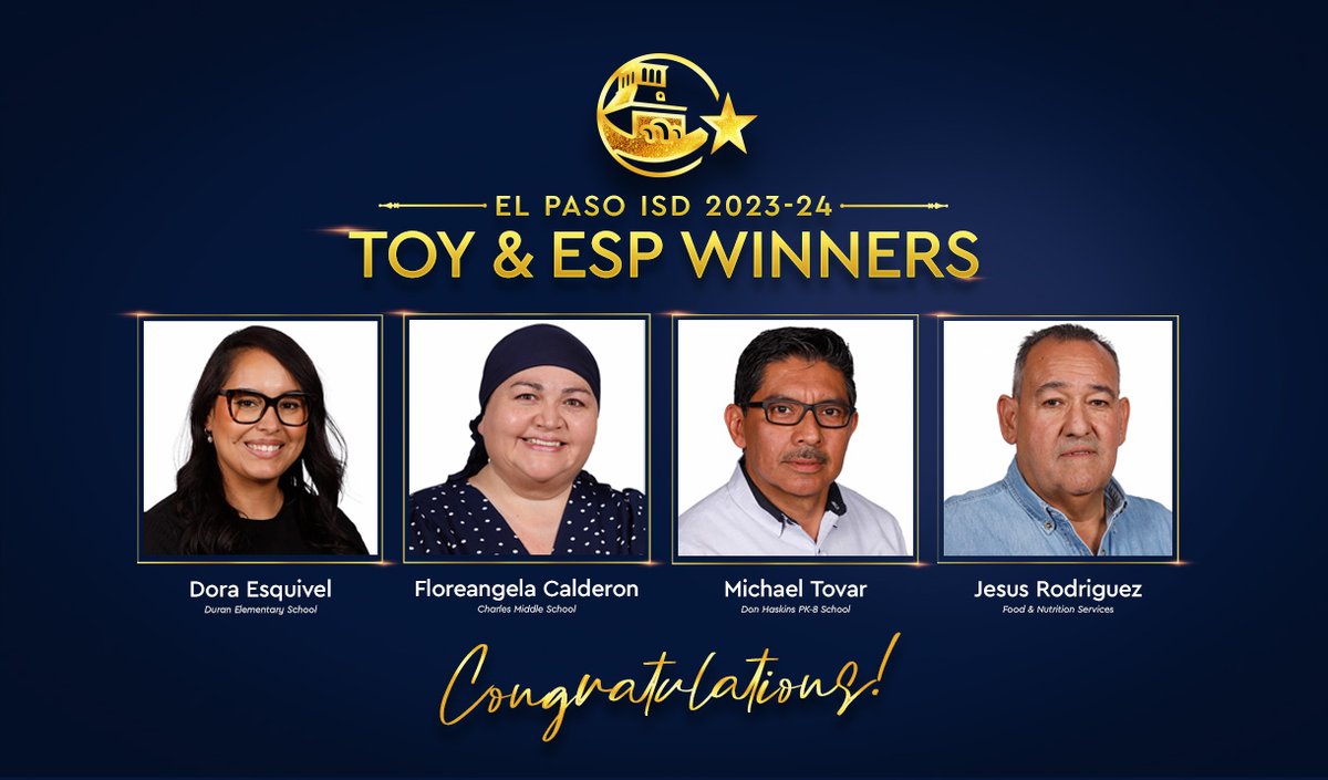 Congratulations to El Paso ISD's Teachers of the Year and Educational Support Personnel of the Year. The winners are: Elementary TOY: Dora Esquivel Secondary TOY: Florangela Calderon ESP: Jesus Rodriguez and Michael Tovar Learn more ➡️ bit.ly/TOYESP_0503 #ItStartsWithUs