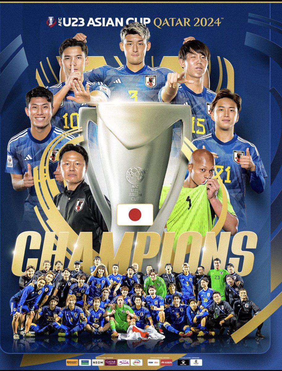 Congratulations to our U23’s, AFC U23 Asian Cup Champions headed to the Paris Olympics! 🏆⚽️🙇‍♂️🙏🇯🇵🇫🇷 #champions #AFCU23 #AFCU23アジアカップ #ParisOlympics #japan