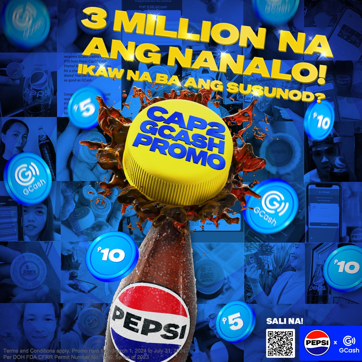 Over 3 million entries na ang nanalo! 💰🎉 Marami pa ang pwedeng maiuwing papremyo kaya bili na ng Pepsi at sali na sa #PepsiCap2GCashPromo for a chance to win instant GCash prizes daily, monthly, at up to 1 Million pesos sa grand draw!
