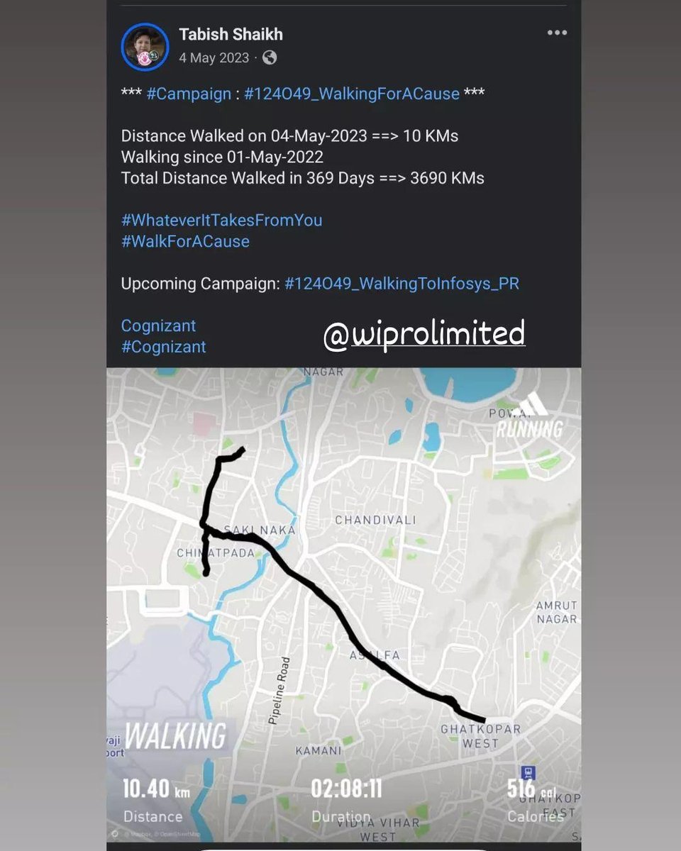 *** #Campaign : #124O49_WalkingForACause ***

Distance Walked on 04-May-2023 ==> 10 KMs
Walking since 01-May-2022
Total Distance Walked in 369 Days ==> 3690 KMs

#WhateverItTakesFromYou
#WalkForACause

Upcoming Campaign: #124O49_WalkingToInfosys_PR

@Cognizant
#Cognizant

@Wipro