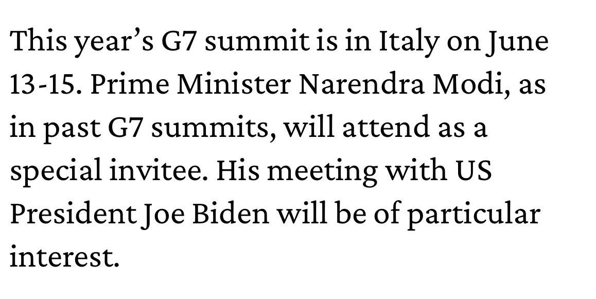 @MinhazMerchant @washingtonpost @firstpost @CNNnews18 I love how you nonchalantly write that PM Modi will attend the G7 summit to be held from June 13 to 15!