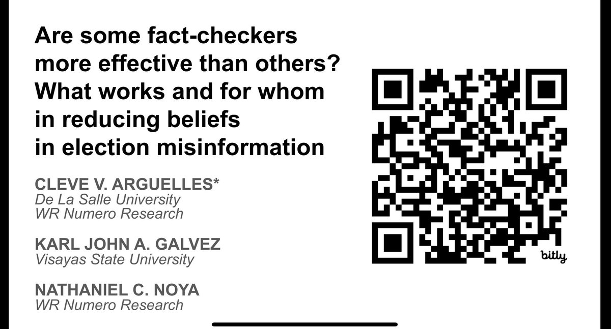 Happy to share my latest research WIP w/ Karl & @pnatbrittle first presented in @philpolsci #2024PPSA. Our population-based survey experiment in the 🇵🇭 shows that fact-checking is generally ineffective in reducing belief in #election #misinformation. docs.google.com/presentation/d…