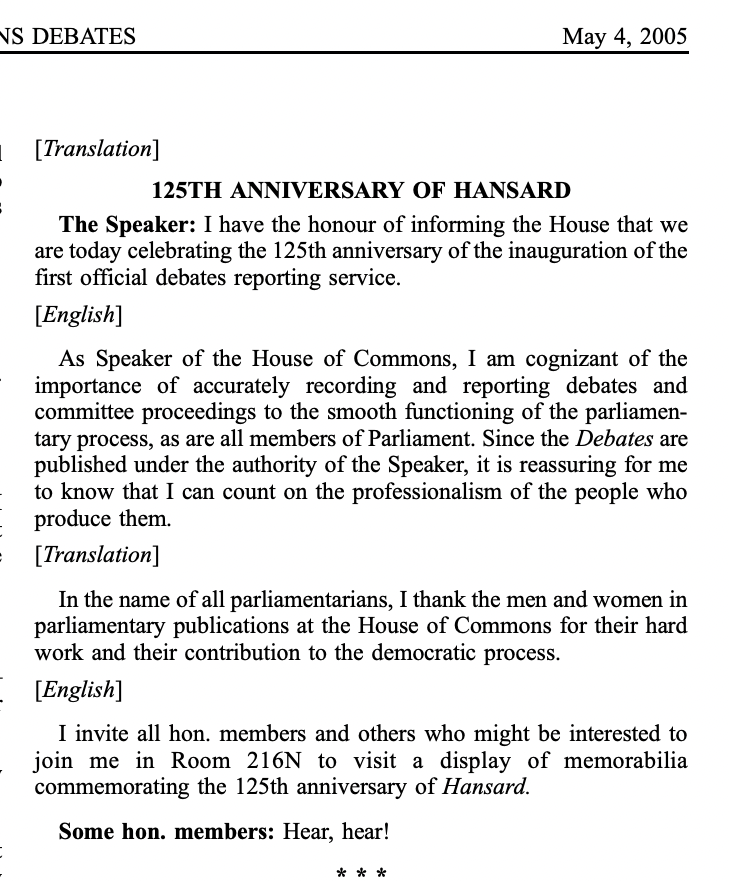 Today in Canadian parliamentary history, May 4th --HAPPY BIRTHDAY, HANSARD!!!! 🎉🥳🎉

Truly, you look amazing for 144!!

The day, celebrated for Hansard 125, marks the adoption of the report establishing the Official Debates Reporting Branch of the House: hansard.ca/125TraditionIn…