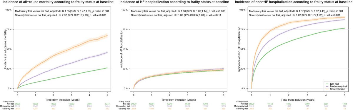 Use of medical therapy and risk of clinical events according to frailty in #HeartFailure patients – A real-life cohort of Danish study

📌35,999 patients analyzed, showing lower HF therapy use in frail patients

📌Significant impact of frailty on clinical outcomes:
📍⬇️ use of HF…