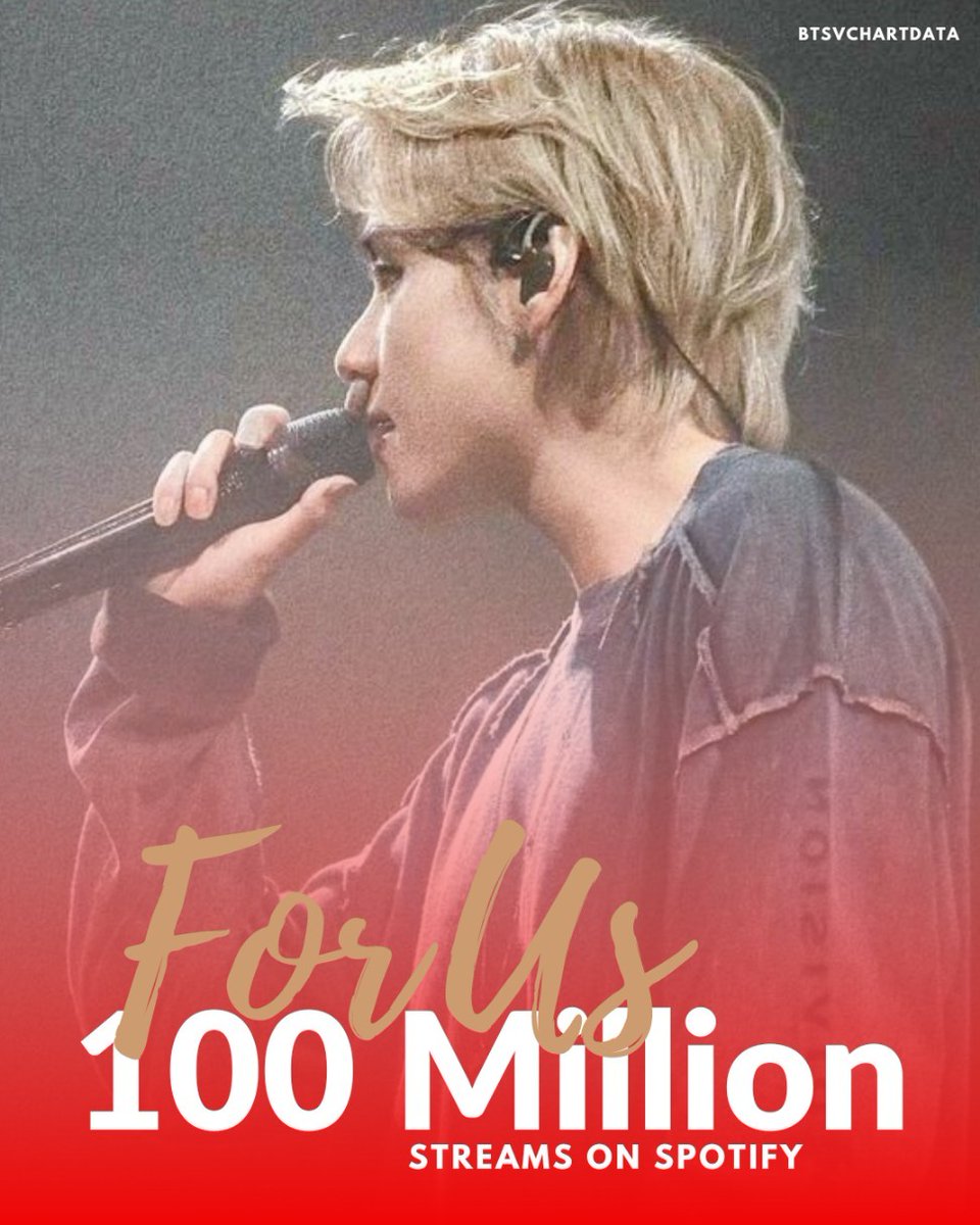 For Us by V has surpassed 100,000,000 streams on Spotify making it the 4th track from Layover & his 8th song to do so, V extended his record as the Korean Soloist with the most Solo Songs to achieve this (#7) #ForUs100MOnSpotify CONGRATULATIONS TAEHYUNG