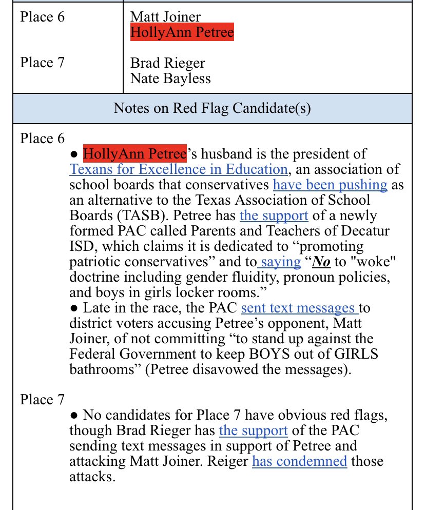 Also, I’ve added Decatur ISD, where one candidate (HollyAnn Petree) is married to the president of a group that right-wing extremists are promoting as an alternative to TASB, which they claim is too wine.