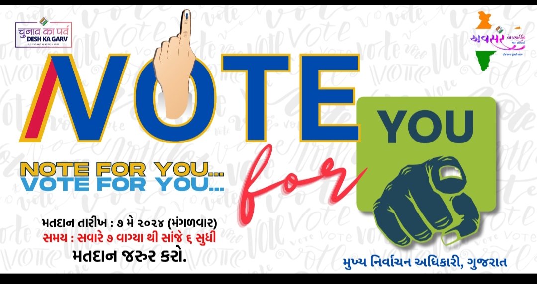 #चुनावकापर्व 
#भारतकागर्व 
#vote 
#VoteForNation 

મતદારયાદીમાં જેઓના નામ છે તેઓ સર્વેને વિનંતી છે કે અચૂકપણે પોતાનું અમૂલ્ય મતદાન કરે.

આભાર

@ECISVEEP 
@SpokespersonECI 
@GujaratPolice 
@CEOGujarat