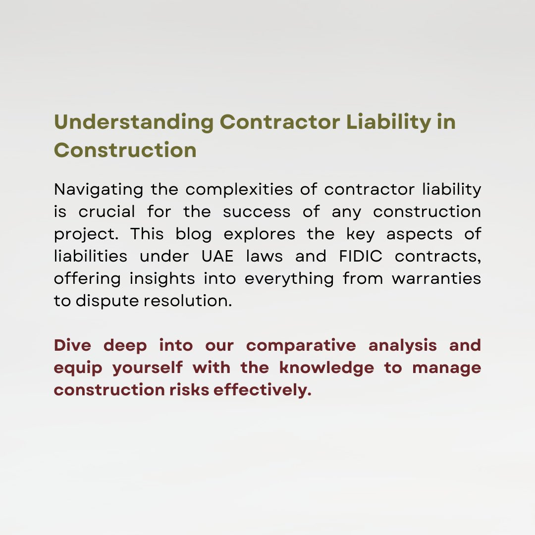 Exploring Contractor Liability: UAE Laws vs. FIDIC Contracts. Delve into our comparative analysis to navigate construction risks effectively. 
Read more: khairallahlegal.com/uae-law/liabil…

#khairallahadvocates #constructionlaw #fidic #legaladvice #lawfirm #uae #dubai