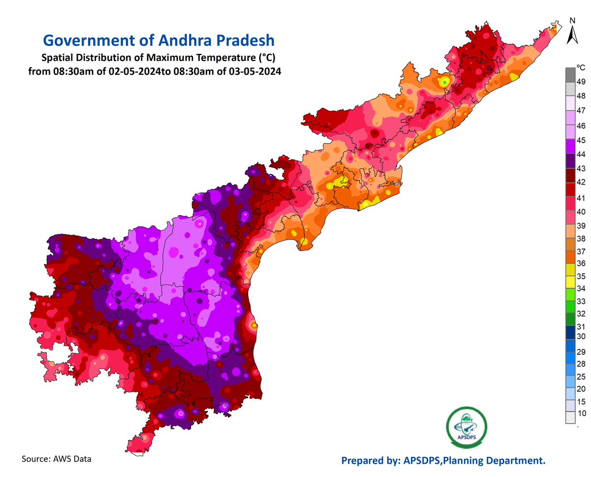 We observing extreme heat (44 to 48°C)  in that purple area of Andhra pradesh from past 5 days  (Prakasam, Palnadu, Nandyal, Kurnool, Nellore, Kadapa, Tirupati, Annamayya, Anantapur and Chittoor ) 👍