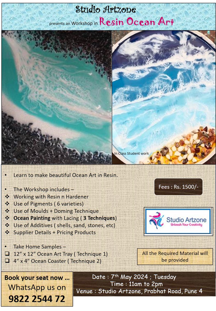 #ResinArt #Painting #OceanArt #ResinTrayandCoasters #BeachTheme #StudioArtzone #Pune #Deccan
Learn Resin Ocean Art @ Studio Artzone
~ 7 May'24 (Tue) ... 11am to 2pm .. Rs.1500/-
Take Home 4 Samples - 1) 12' x 12' Tray ; 2) 4' x 4' Coaster
Whatsapp Register on +91 98222 54472