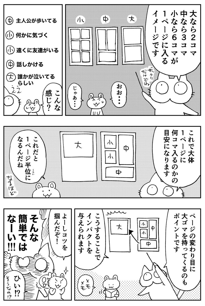 漫画の教本っていっぱいあるけど「コマ割りのやり方」って意外と教えてくれるやつ少ないんですよね。なので一応こういうやり方もあるよっていう一例を描いてみました。参考までに。

あと最近はスマホで読む方が多いので基本1ページ3〜4コマくらいに抑えた方がよろしいかも。
#漫画ライフハック 