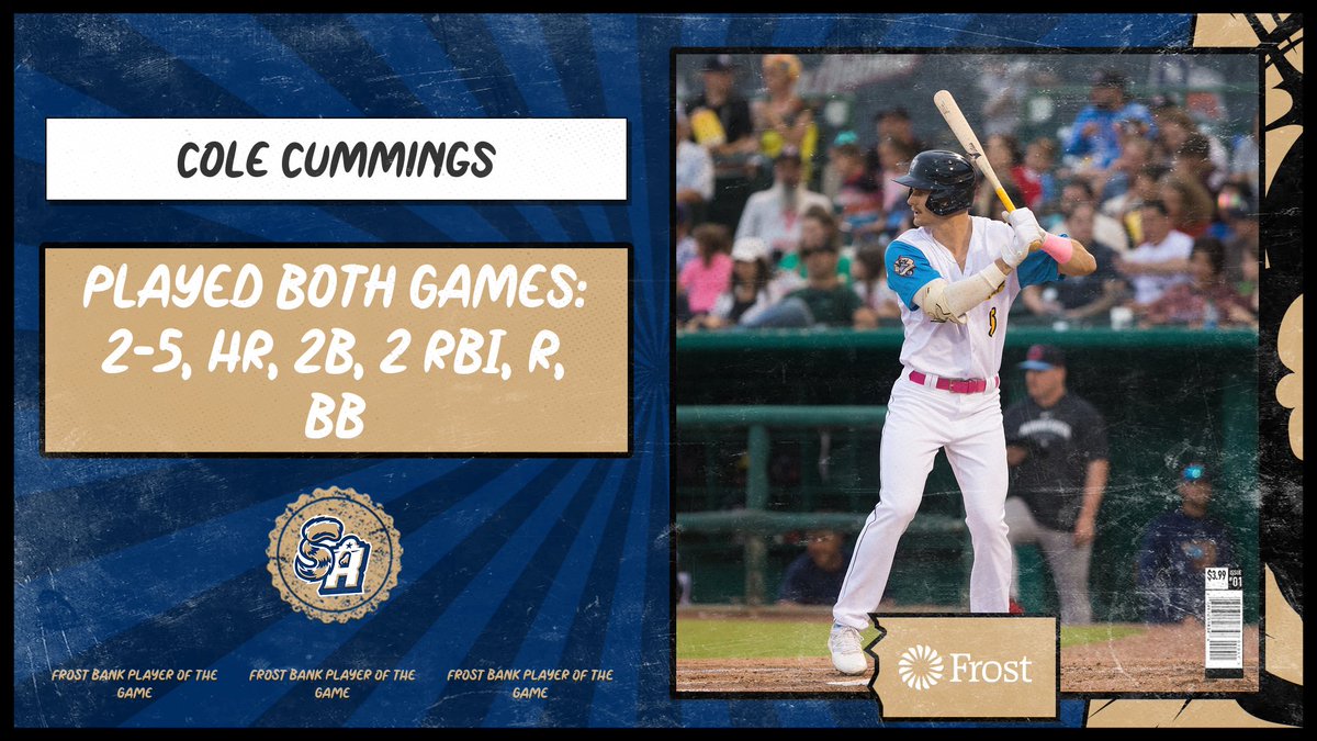 Missions outfielder Cole Cummings is tonight's @FrostBank Player of the Game. Playing in both games of the doubleheader, he combined to go 2-for-5 with two RBI and a homer. @Padres @MiLB