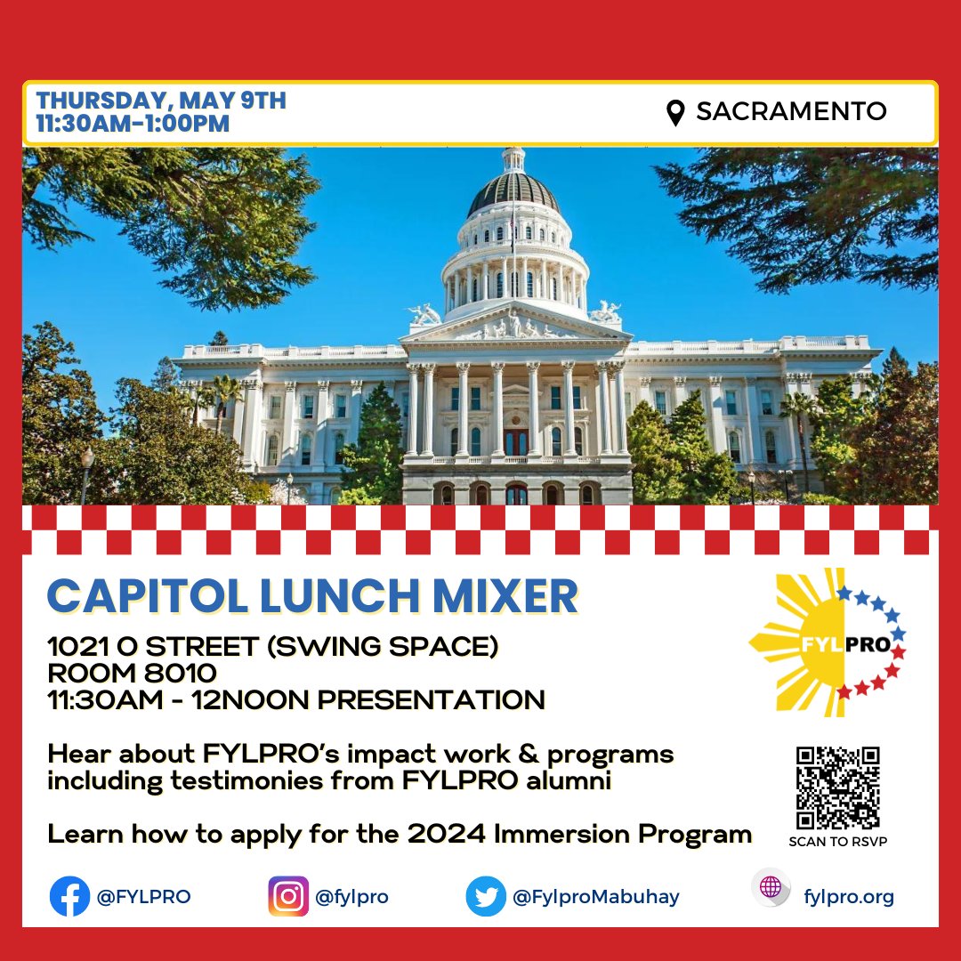 #Event: Join Tayo's parent org @FylproMabuhay Alumni for a lunch meet up at the Capitol MAY 9, 11:30AM-1:00PM 1021 O STREET (SWING SPACE) ROOM 8010 Sacramento, CA Hear about FYLPRO’s impact work & programs including testimonies from FYLPRO alumni. RSVP: bit.ly/FYLPROMixerSac…