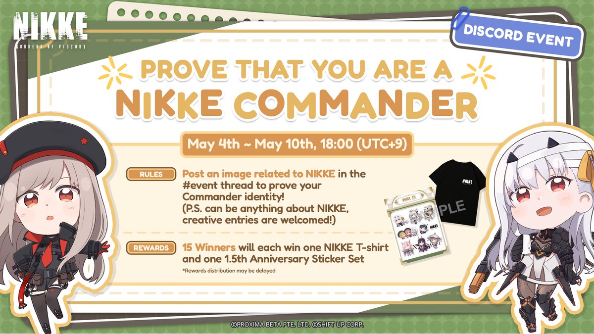 【Prove that you are a NIKKE Commander Discord Event】 Commanders, Happy 1.5 Anniversary! After years of fighting Raptures together, do you have what it takes to show us the proof of your title - NIKKE Commander? Post an image in our Discord #Events thread to prove yourself,…