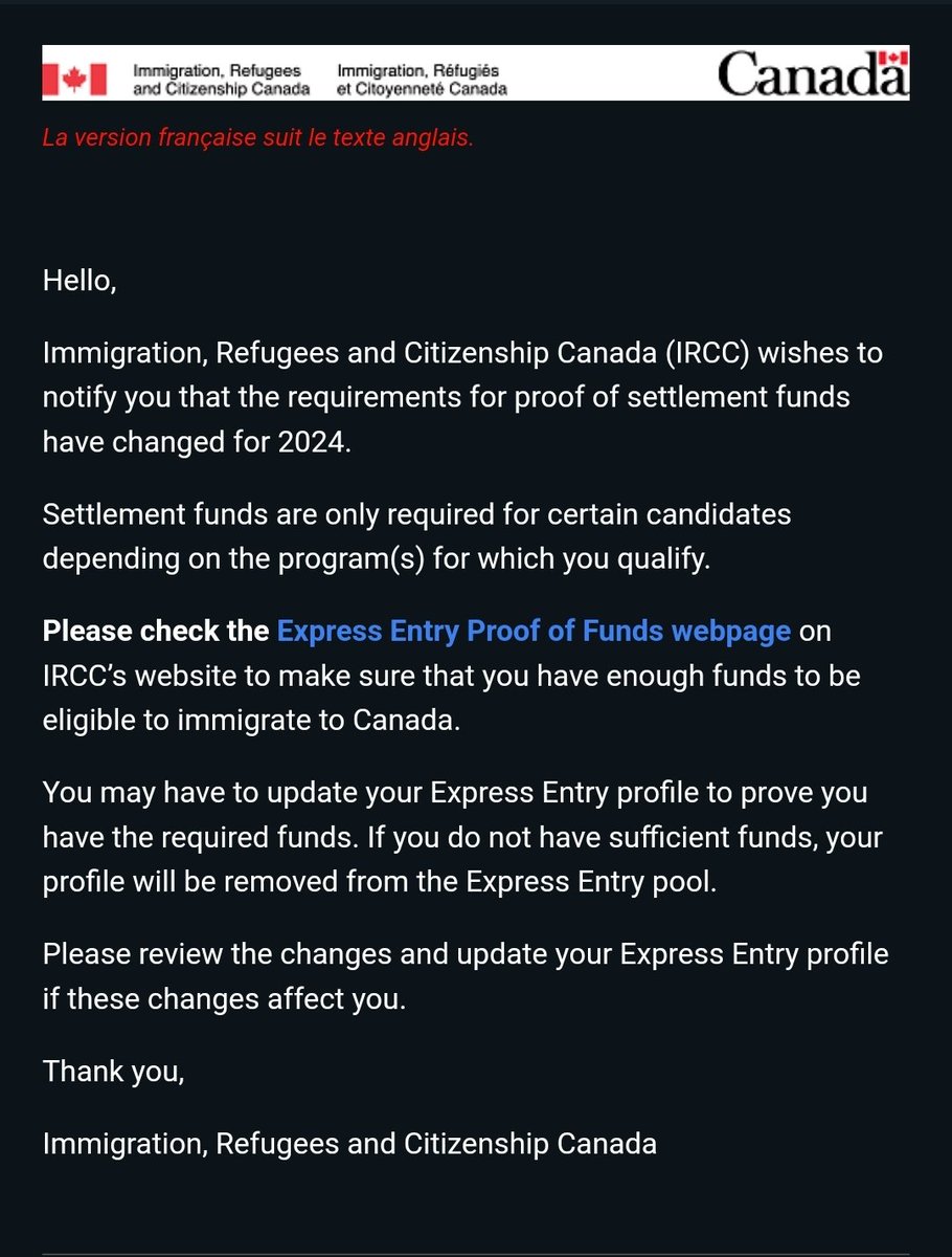 Settlement funds requirement changing May 28, 2024. Make sure you update your profiles, or you'll be removed from the pool. 

#irccupdate #expressentry #cdnimm #canadianimmigration