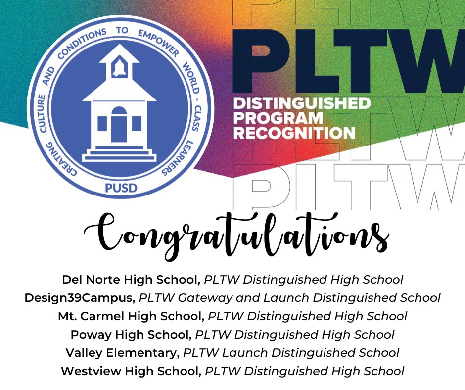 Congratulations to the #PowayUnified schools that have been named PTLW Distinguished Schools by @PLTWorg! These schools are being recognized for their efforts to provide broad access to transformative learning experiences through PLTW programs and STEM education.