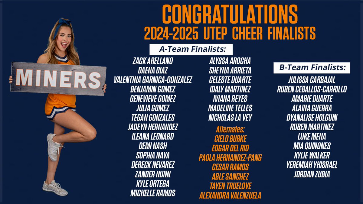 Caesar Cubillos (@icecubillos) on Twitter photo Congratulations to our new members of <a href="/UTEPCheer/">UTEP Cheer</a> !
We have recent alumni from <a href="/MontwoodHSCheer/">@MontwoodHSCheer</a> <a href="/cheer_SEHS/">.</a> Coronado, <a href="/FabensHS/">Fabens High School</a> Silva, Irvin, Eastlake, Burges, Americas, <a href="/cheer_eastwood/">Eastwood High School Cheer</a> Parkland, Del Valle, Hanks & 5 allstar teams!
Can't wait to work with this talented group! Congratulations to our new members of <a href="/UTEPCheer/">UTEP Cheer</a> !
We have recent alumni from <a href="/MontwoodHSCheer/">@MontwoodHSCheer</a> <a href="/cheer_SEHS/">.</a> Coronado, <a href="/FabensHS/">Fabens High School</a> Silva, Irvin, Eastlake, Burges, Americas, <a href="/cheer_eastwood/">Eastwood High School Cheer</a> Parkland, Del Valle, Hanks & 5 allstar teams!
Can't wait to work with this talented group!