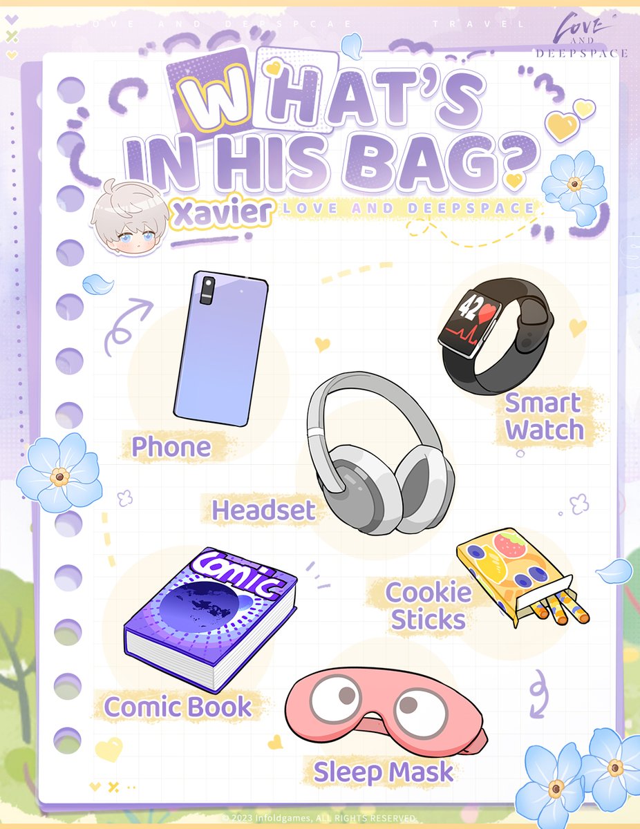 Love and Deepspace | What's in His Bag? 2/3 Xavier's bag stores some treasured memories and little delights. He's ready to share with you! Xavier packs these for today: • A phone • Earbuds • A comic book he's been following • A sleep mask that helps him sleep •…
