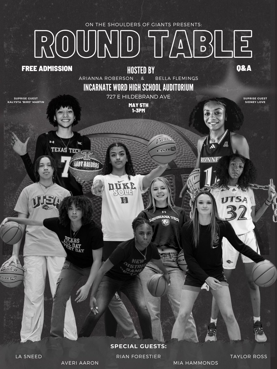 FREE Event! Round Table where you can listen and ask questions to girls who have gone through the basketball process! Open to everyone. Great event in San Antonio at Incarnate Word Highschool! Sunday May 5th, 1-3!!!!!!!!