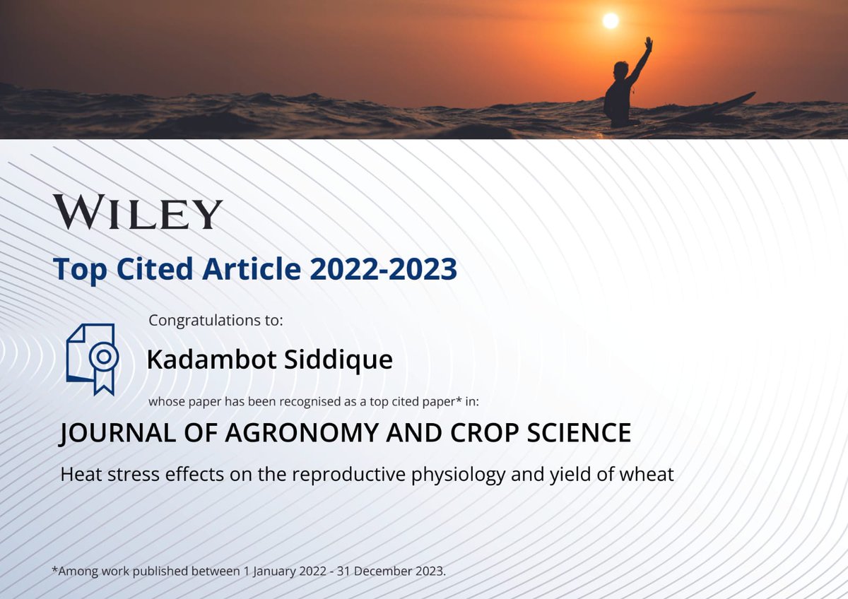 Happy to share another #top #cited #article 2022-2023 in #Journal of #Agronomy and #Crop #Science. '#Heat #stress effects on the #reproductive #physiology and #yield of #wheat'. @IOA_UWA @UWAresearch @uwanews
