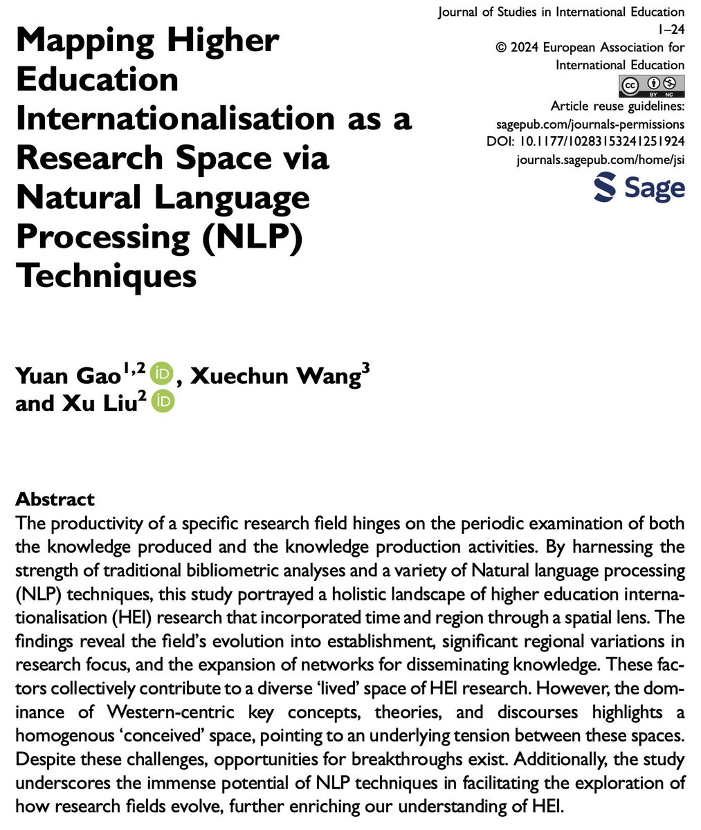 Mapping higher education internationalisation as a research space via Natural Language Processing (NLP) techniques

Yuan Gao, Xuechun Wang & Xu Liu

🔓→ doi.org/10.1177/102831…

#HigherEd #Internationalisation #EdResearch #NaturalLanguageProcessing #Bibliometrics #SpatialTheory