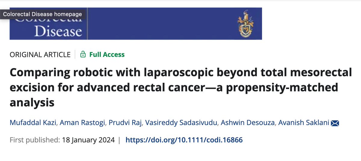 Rob vs Lap for extended rectal resections - Is there an advantage for robotics? Read our propensity-matched analysis @ColorectalDis pubmed.ncbi.nlm.nih.gov/38235927/ @ACPGBI @ASCRS_1 @escp_tweets @ISUCRS1 @Neil_J_Smart @ESSOnews @YouESCP @me4_so @TataMemorial @CRI_ACTREC @DCRjournal