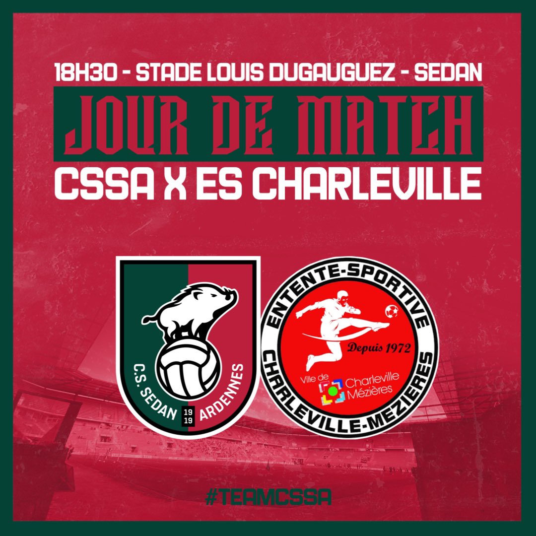 🎆 𝐉𝐎𝐔𝐑 𝐃𝐄 𝐌𝐀𝐓𝐂𝐇 🎇 🏠🆚 Entente Sportive de Charleville-Mézières 🏆 Regional 3 - 23ème Journée ⌚️18H30 🏟 Stade Louis Dugauguez • Sedan 🎟️ Entrée: 4€ 📺 Live sur Drapeau vert/carton rouge ❌ Pas de live score 💚❤️ #TeamCSSA | #CSSAPAGEFANS