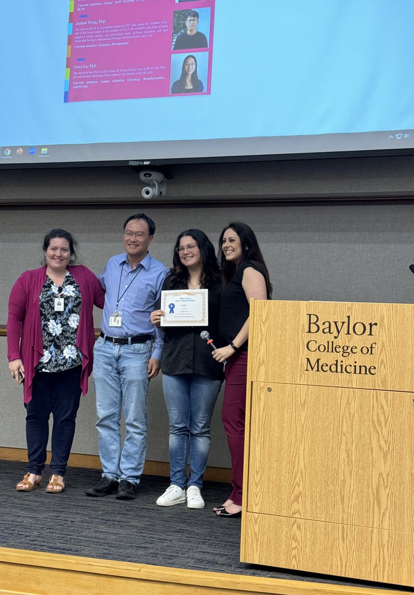 So excited to share that my graduate student Maddie won 1st place oral presentation at the @bcmhouston Breast Center's Breast Cancer Research Retreat. The competition was tough, with so many great talks from other trainees. So proud! #BCM #BreastCancerResearch #FirstPlace