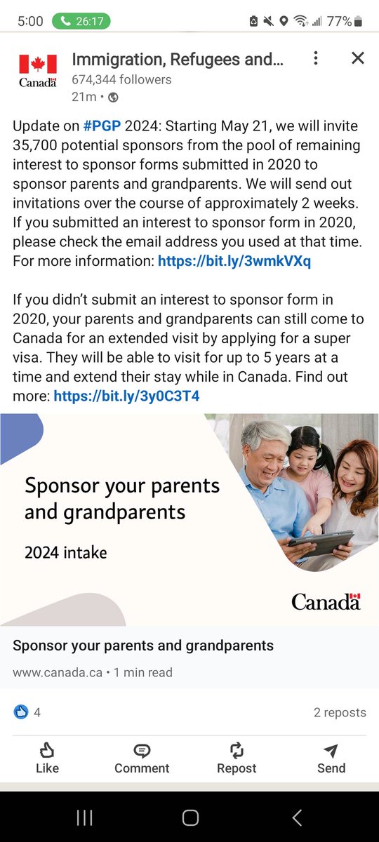 Starting May 21st, IRCC will issue 35, 700 invitations to apply under parents and grandparents sponsorship program. Invites will be issued from the 2020 pool of sponsors. 

#parentsandgrandparentssponsorship2024 #pgpsponsorship #irccupdates #cdnimm