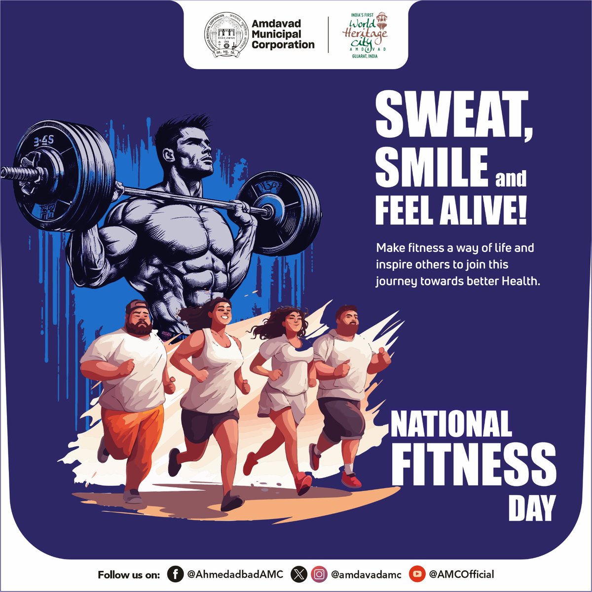 Whether it's hitting the gym, practicing yoga, going for a run, or dancing to your favorite tunes, let's prioritize our physical and mental well-being. 
(1/2)

#AMC #amcforpeople #NationalFitnessDay #Ahmedabad #municipalcorporation