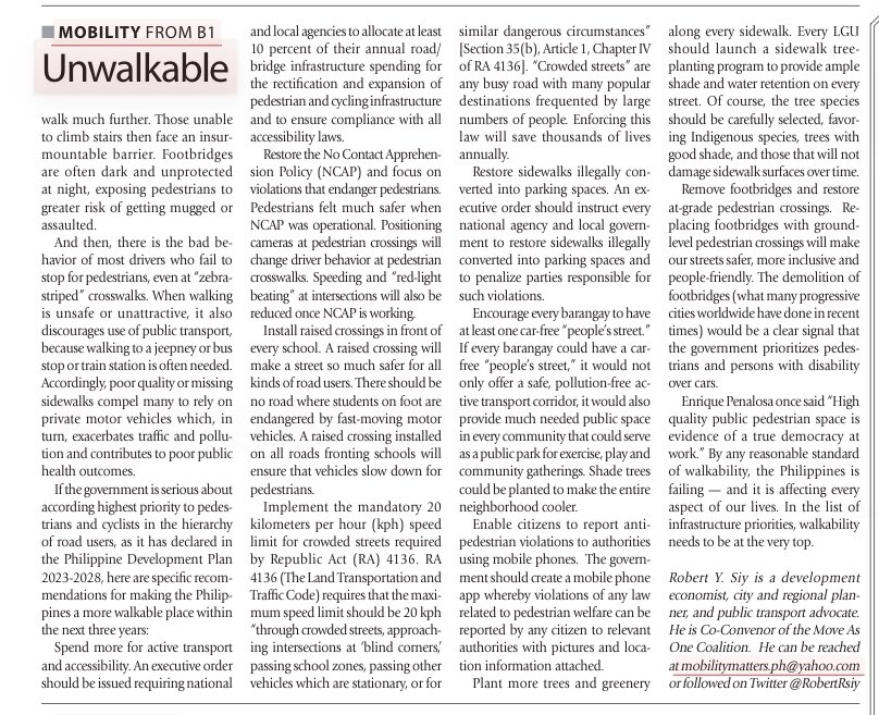 IT should be a matter of national shame that Metro Manila was ranked 'least walkable' in a recent survey of 53 cities worldwide. manilatimes.net/2024/05/04/bus…