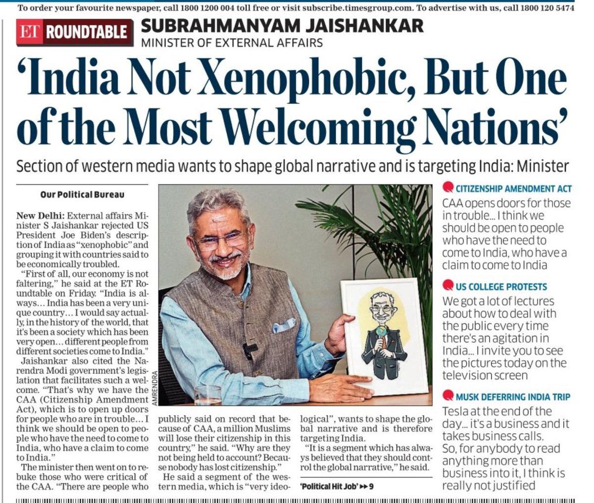 India not xenophobic, CAA an example of how 'India opens doors to people in trouble':  Dr S. Jaishankar tells ETRoundtable in first counter to Joe Biden. Slams CAA critics. 'Why are they not being held to account? Nobody has lost citizenship.' m.economictimes.com/news/india/ind…